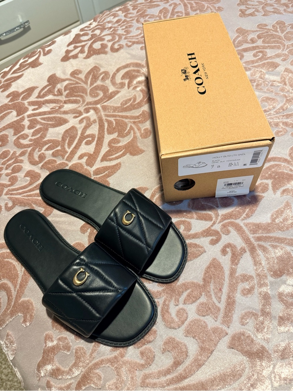 Coach Black Quilted Slide Sandals with Gold 'C' Accent